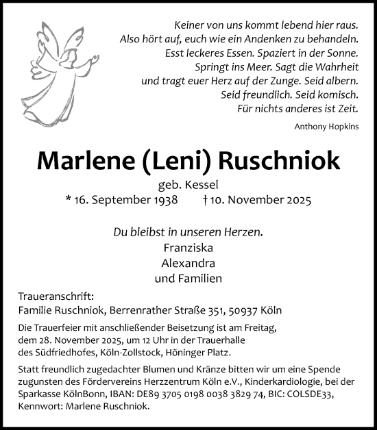 Anzeige von Marlene Ruschniok von Kölner Stadt-Anzeiger / Kölnische Rundschau / Express