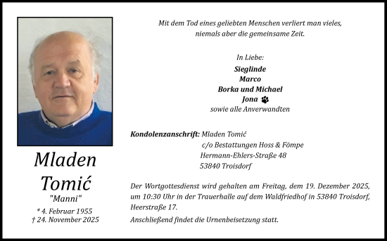 Anzeige von Mladen Tomic von Kölner Stadt-Anzeiger / Kölnische Rundschau / Express