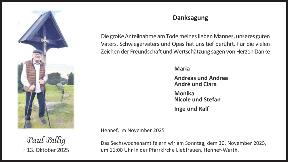  Traueranzeige für Paul Billig vom 22.11.2025 aus Kölner Stadt-Anzeiger / Kölnische Rundschau / Express