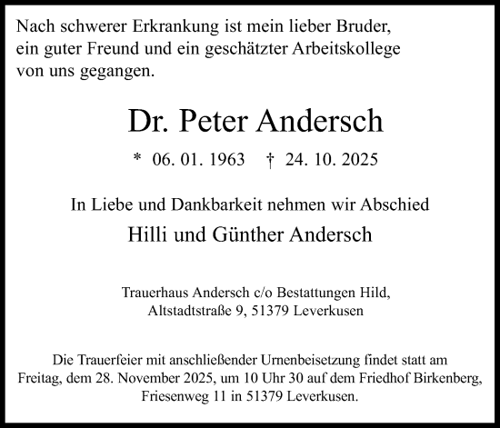 Anzeige von Peter Andersch von Kölner Stadt-Anzeiger / Kölnische Rundschau / Express