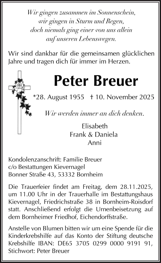  Traueranzeige für Peter Breuer vom 21.11.2025 aus  Schaufenster/Blickpunkt  Schlossbote/Werbekurier 