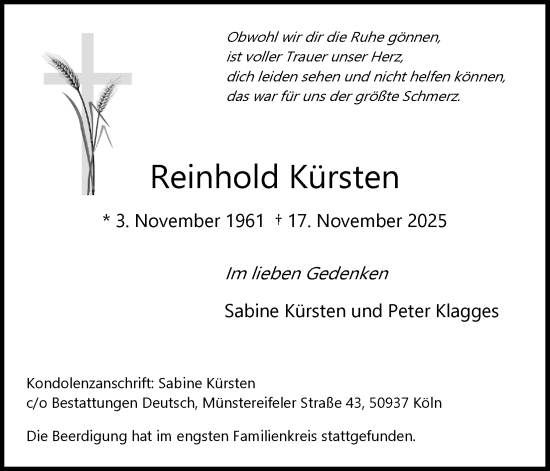 Anzeige von Reinhold Kürsten von Kölner Stadt-Anzeiger / Kölnische Rundschau / Express