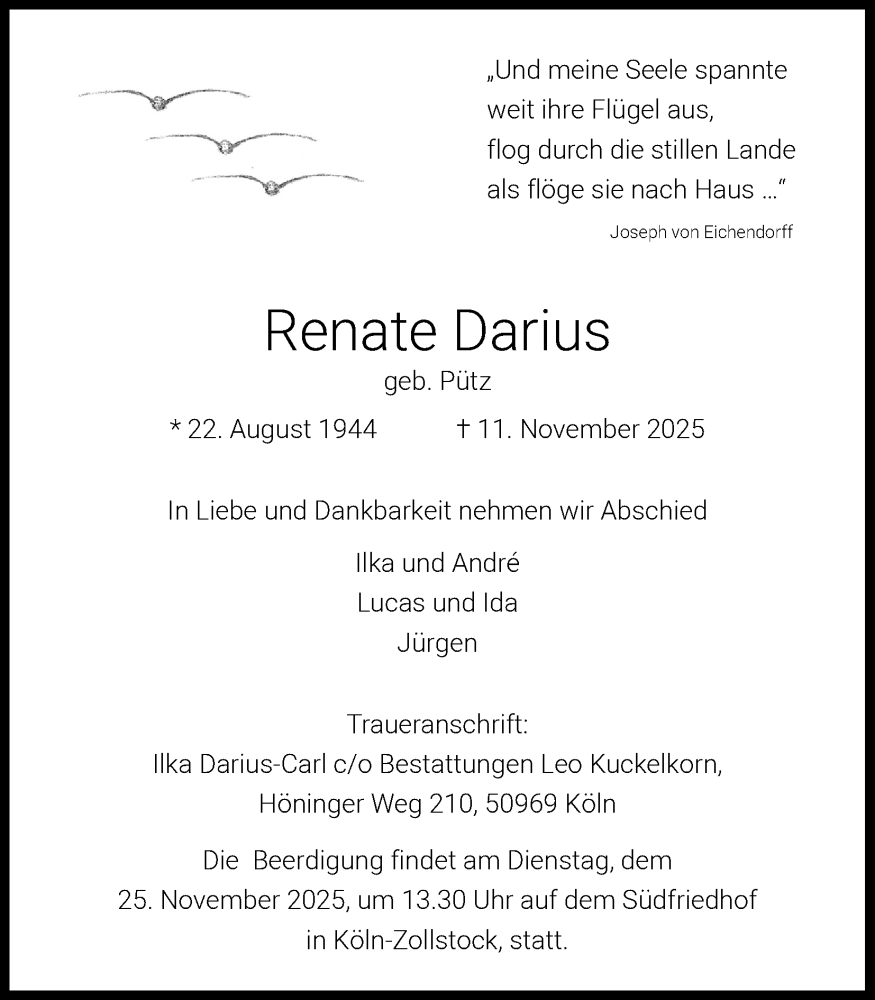  Traueranzeige für Renate Darius vom 22.11.2025 aus Kölner Stadt-Anzeiger / Kölnische Rundschau / Express
