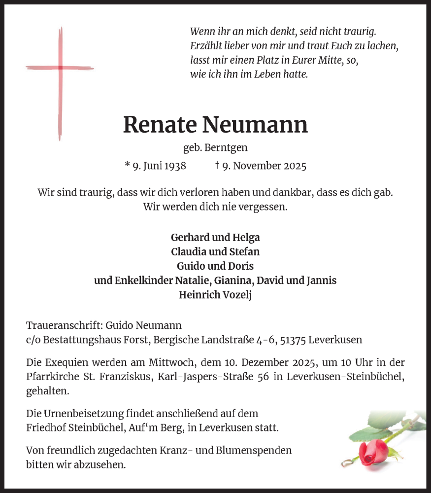  Traueranzeige für Renate Neumann vom 29.11.2025 aus Kölner Stadt-Anzeiger / Kölnische Rundschau / Express