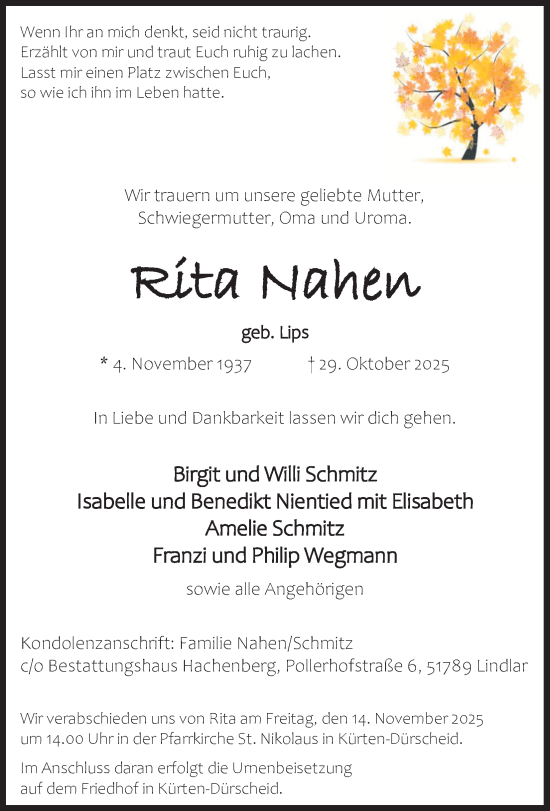 Anzeige von Rita Nahen von Kölner Stadt-Anzeiger / Kölnische Rundschau / Express