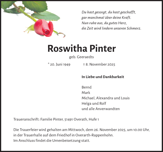 Anzeige von Roswitha Pinter von Kölner Stadt-Anzeiger / Kölnische Rundschau / Express