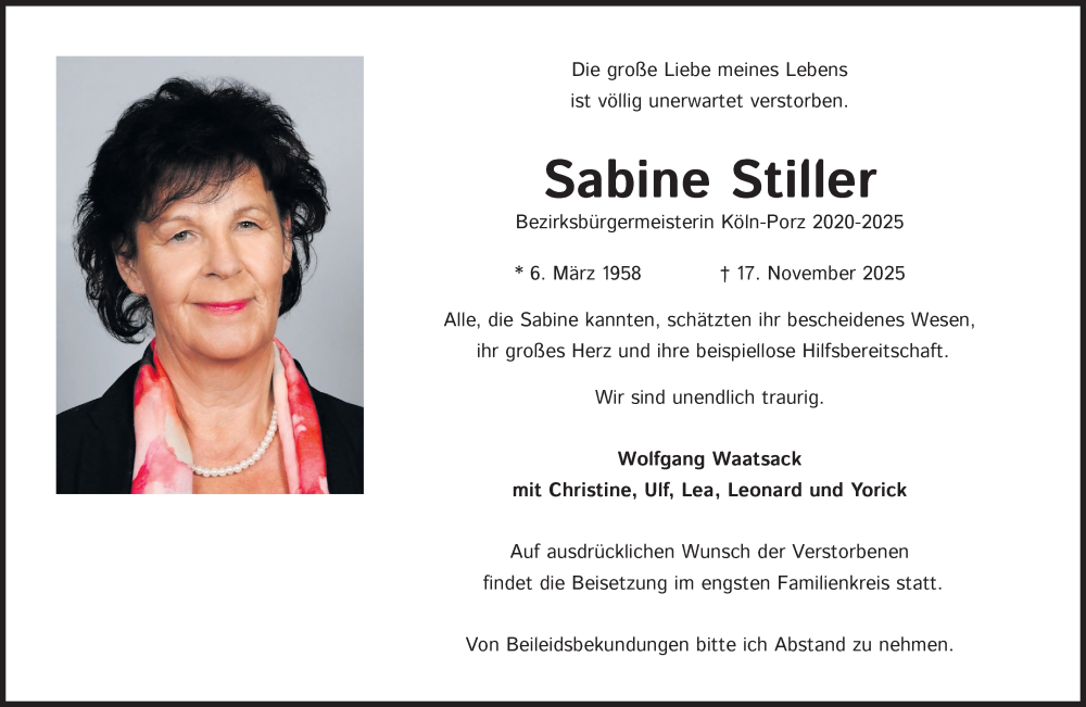  Traueranzeige für Sabine Stiller vom 29.11.2025 aus Kölner Stadt-Anzeiger / Kölnische Rundschau / Express