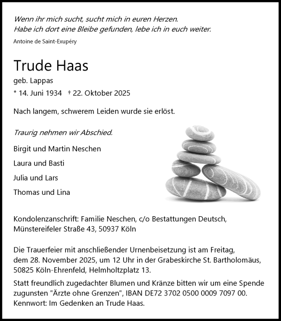 Anzeige von Trude Haas von Kölner Stadt-Anzeiger / Kölnische Rundschau / Express