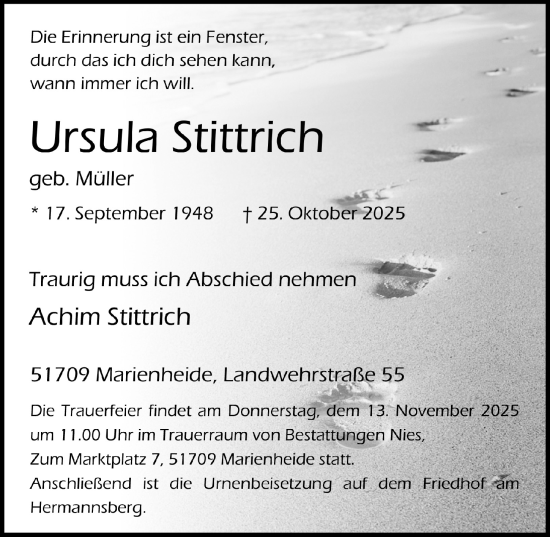 Anzeige von Ursula Stittrich von  Anzeigen Echo 