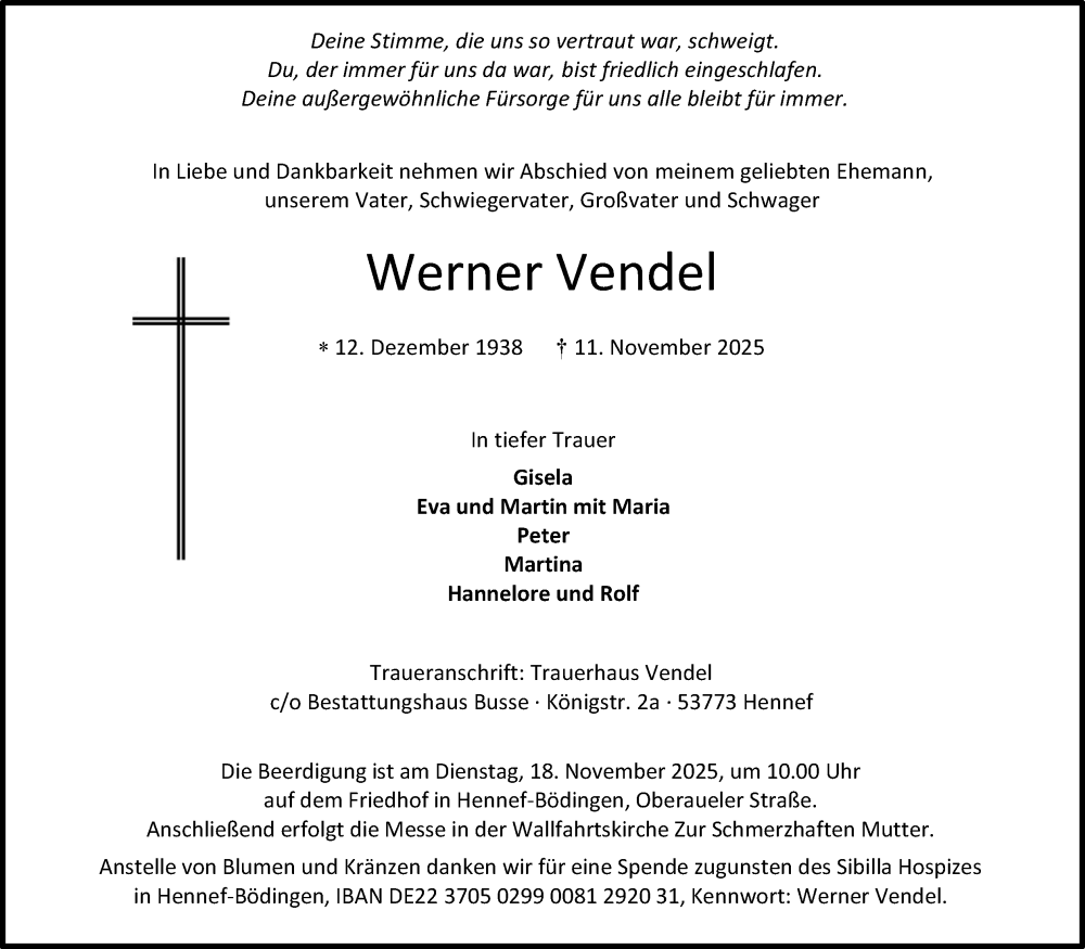  Traueranzeige für Werner Vendel vom 15.11.2025 aus Kölner Stadt-Anzeiger / Kölnische Rundschau / Express