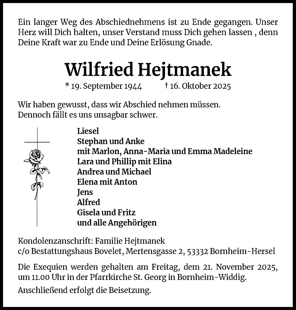  Traueranzeige für Wilfried Hejtmanek vom 08.11.2025 aus Kölner Stadt-Anzeiger / Kölnische Rundschau / Express