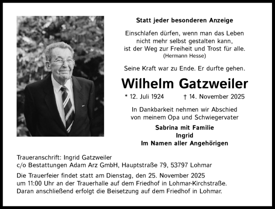 Anzeige von Wilhelm Gatzweiler von Kölner Stadt-Anzeiger / Kölnische Rundschau / Express