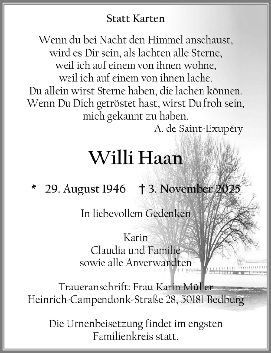 Anzeige von Willi Haan von  Werbepost 