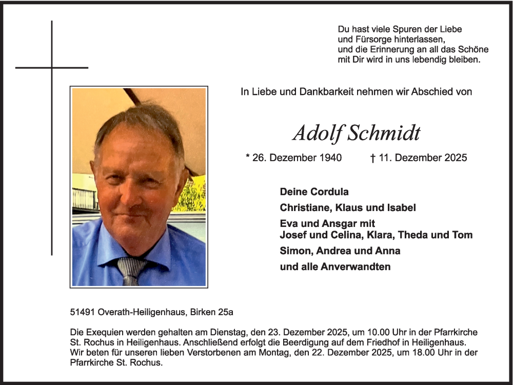  Traueranzeige für Adolf Schmidt vom 17.12.2025 aus Kölner Stadt-Anzeiger / Kölnische Rundschau / Express