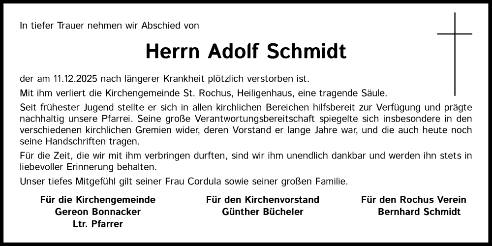  Traueranzeige für Adolf Schmidt vom 20.12.2025 aus Kölner Stadt-Anzeiger / Kölnische Rundschau / Express