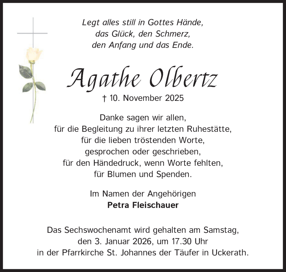  Traueranzeige für Agathe Olbertz vom 20.12.2025 aus Kölner Stadt-Anzeiger / Kölnische Rundschau / Express