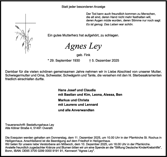 Anzeige von Agnes Ley von Kölner Stadt-Anzeiger / Kölnische Rundschau / Express