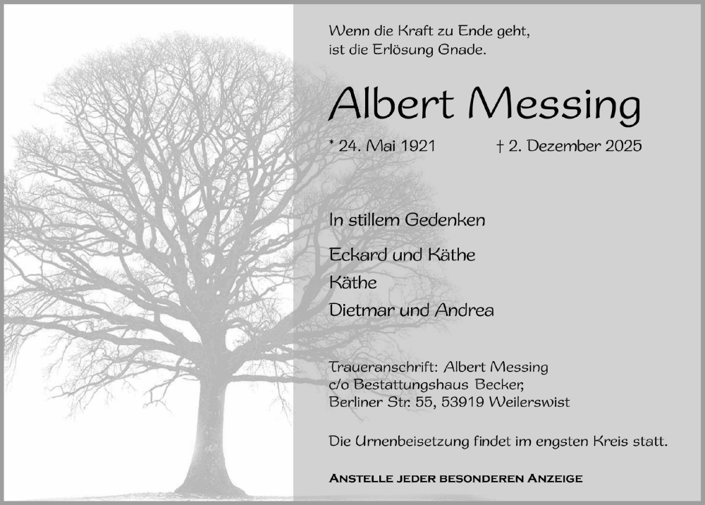  Traueranzeige für Albert Messing vom 12.12.2025 aus  Blickpunkt Euskirchen 