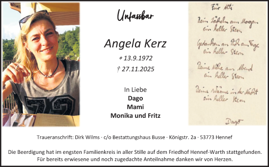 Anzeige von Angela Kerz von Kölner Stadt-Anzeiger / Kölnische Rundschau / Express