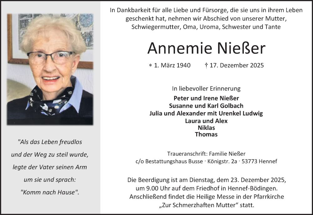  Traueranzeige für Annemie Nießer vom 20.12.2025 aus Kölner Stadt-Anzeiger / Kölnische Rundschau / Express