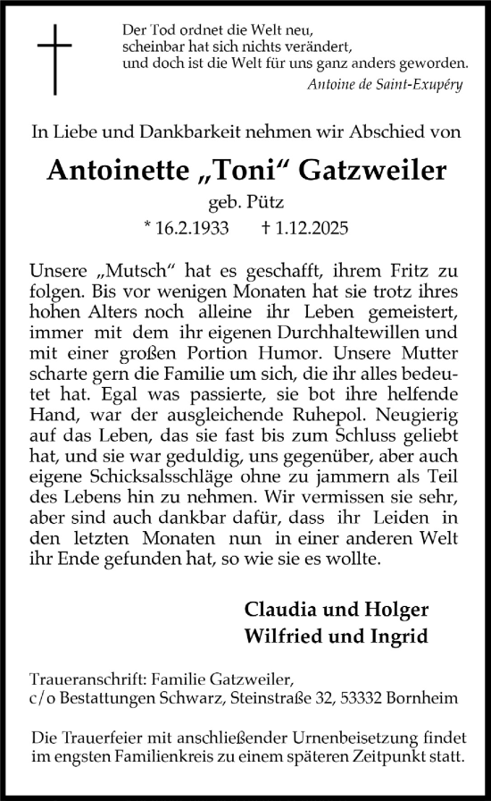 Anzeige von Antoinette Gatzweiler von  Schaufenster/Blickpunkt 