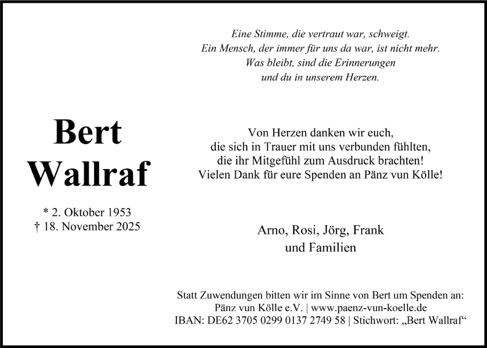  Traueranzeige für Bert Wallraf vom 27.12.2025 aus  Werbepost 