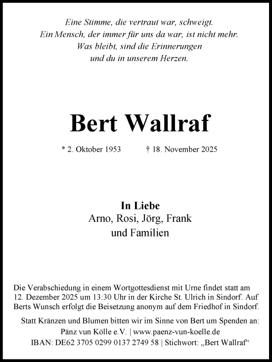 Anzeige von Bert Wallraf von Kölner Stadt-Anzeiger / Kölnische Rundschau / Express
