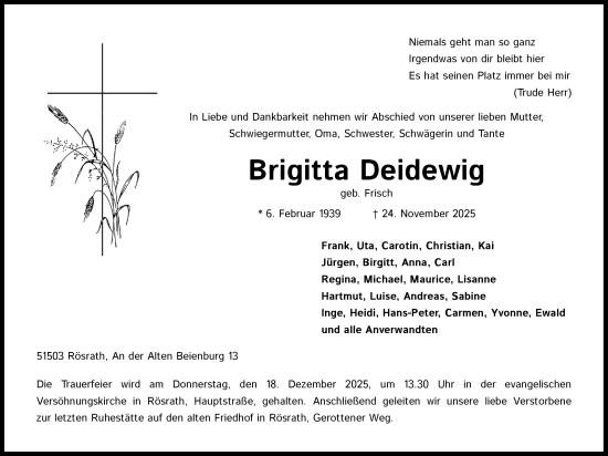 Anzeige von Brigitta Deidewig von Kölner Stadt-Anzeiger / Kölnische Rundschau / Express