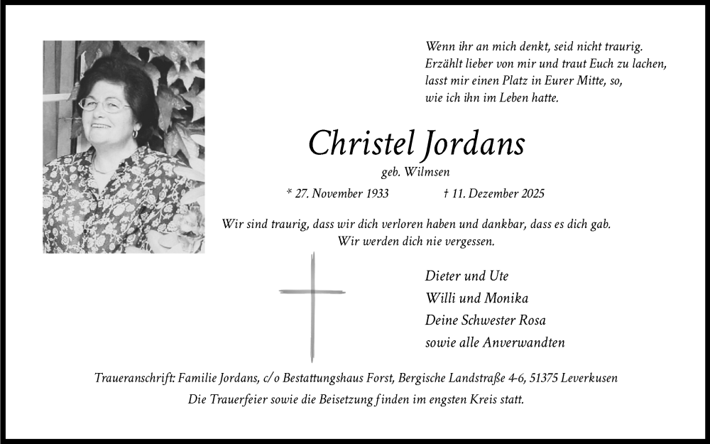  Traueranzeige für Christel Jordans vom 27.12.2025 aus Kölner Stadt-Anzeiger / Kölnische Rundschau / Express