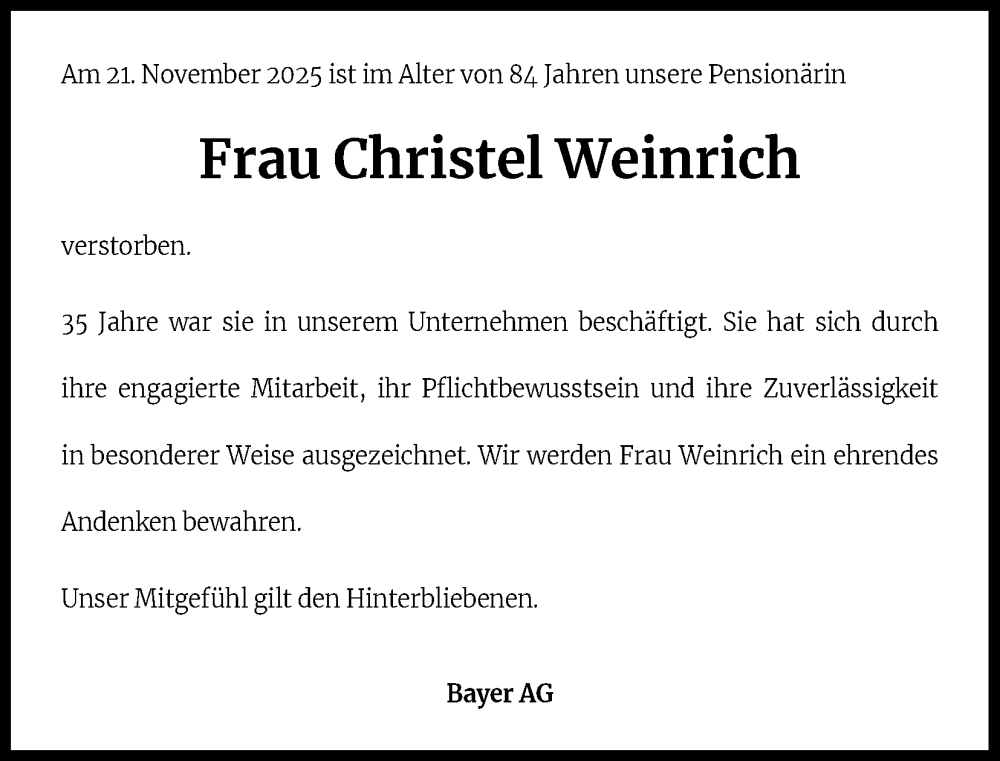  Traueranzeige für Christel Weinrich vom 06.12.2025 aus Kölner Stadt-Anzeiger / Kölnische Rundschau / Express