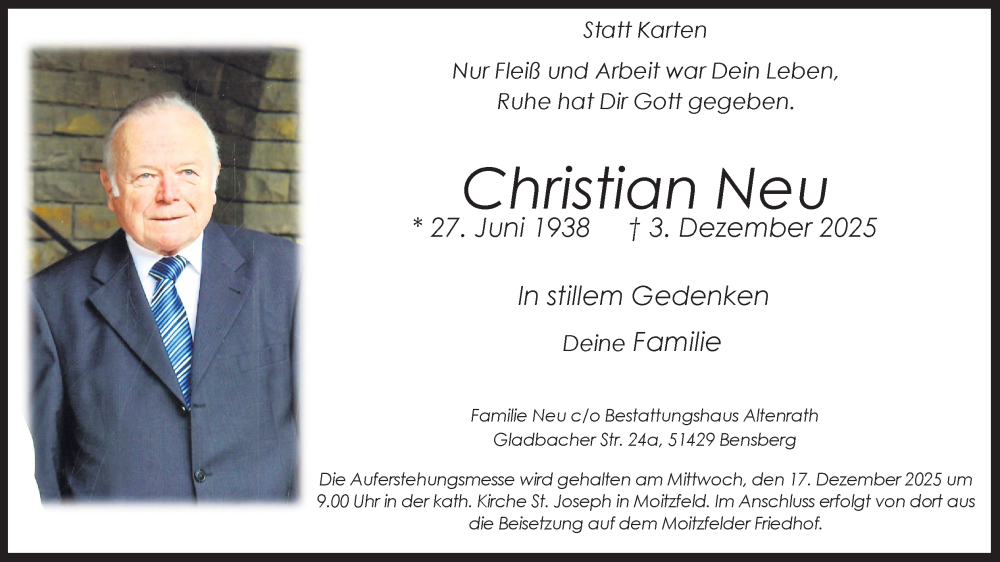  Traueranzeige für Christian Neu vom 13.12.2025 aus Kölner Stadt-Anzeiger / Kölnische Rundschau / Express
