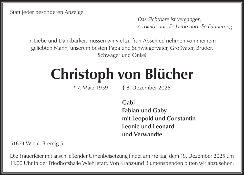  Traueranzeige für Christoph von Blücher vom 12.12.2025 aus  Anzeigen Echo 