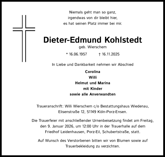 Anzeige von Dieter-Edmund Kohlsedt von Kölner Stadt-Anzeiger / Kölnische Rundschau / Express