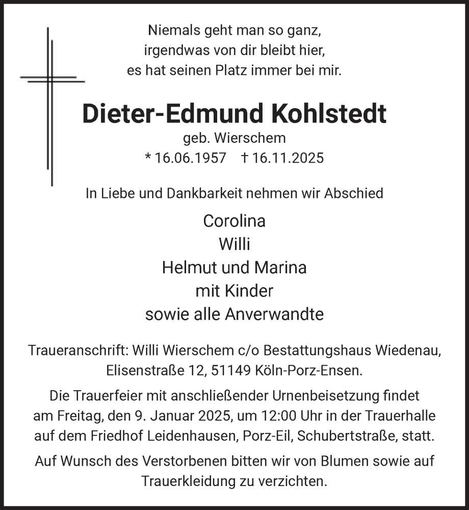  Traueranzeige für Dieter-Edmund Kohlstedt vom 12.12.2025 aus  EXPRESS - Die Woche 