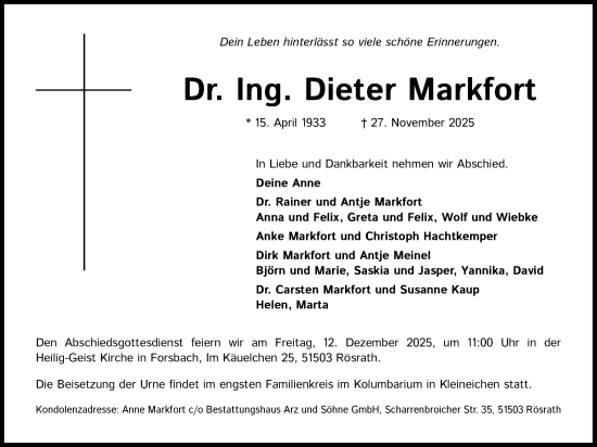 Anzeige von Dieter Markfort von Kölner Stadt-Anzeiger / Kölnische Rundschau / Express