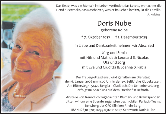 Anzeige von Doris Nube von Kölner Stadt-Anzeiger / Kölnische Rundschau / Express