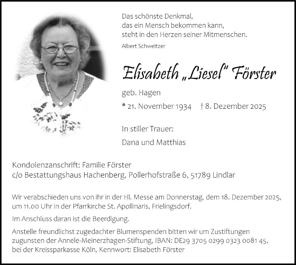  Traueranzeige für Elisabeth Förster vom 12.12.2025 aus  Anzeigen Echo 