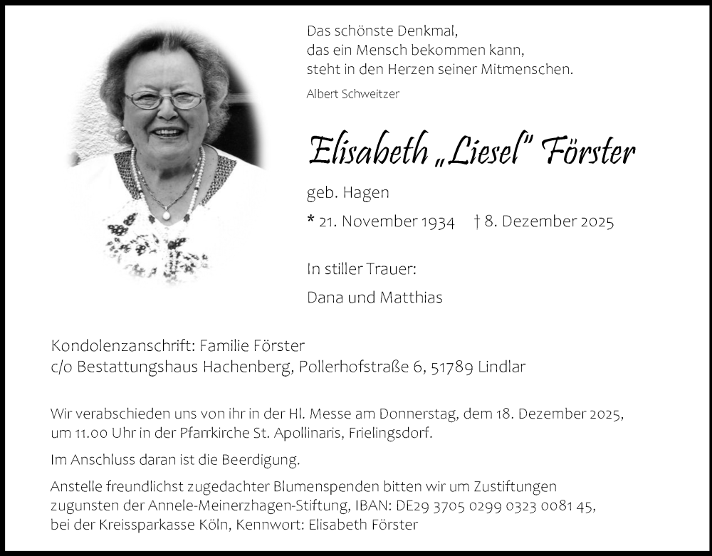  Traueranzeige für Elisabeth Förster vom 13.12.2025 aus Kölner Stadt-Anzeiger / Kölnische Rundschau / Express