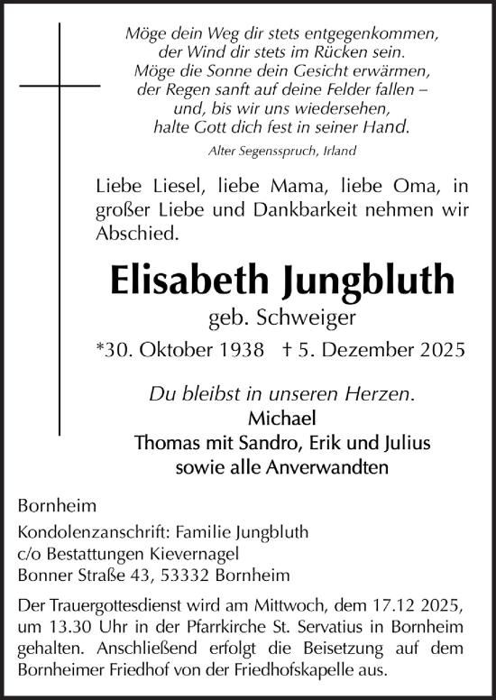 Anzeige von Elisabeth Jungbluth von  Schaufenster/Blickpunkt 