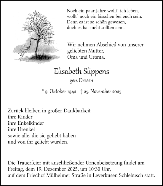 Anzeige von Elisabeth Slippens von Kölner Stadt-Anzeiger / Kölnische Rundschau / Express