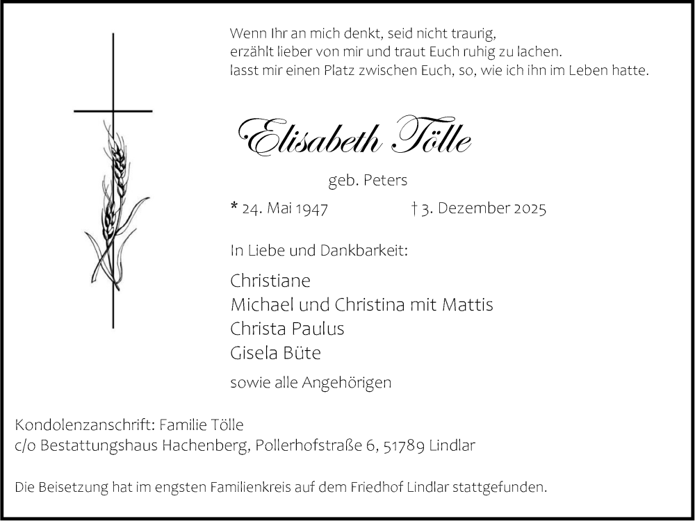  Traueranzeige für Elisabeth Tölle vom 20.12.2025 aus Kölner Stadt-Anzeiger / Kölnische Rundschau / Express