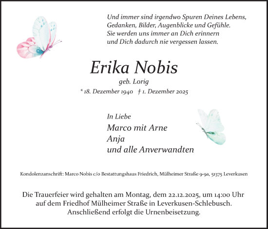 Anzeige von Erika Nobis von Kölner Stadt-Anzeiger / Kölnische Rundschau / Express