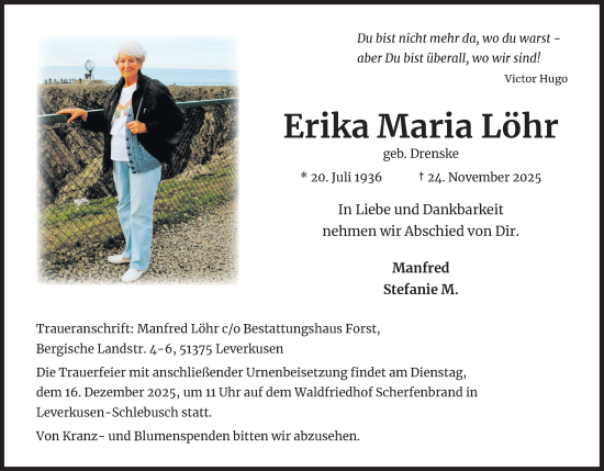 Anzeige von Erika Maria Löhr von Kölner Stadt-Anzeiger / Kölnische Rundschau / Express
