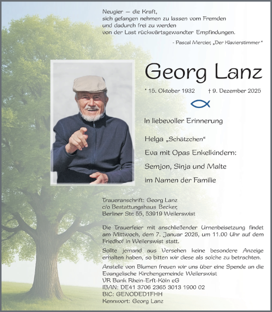 Anzeige von Georg Lanz von  Blickpunkt Euskirchen 
