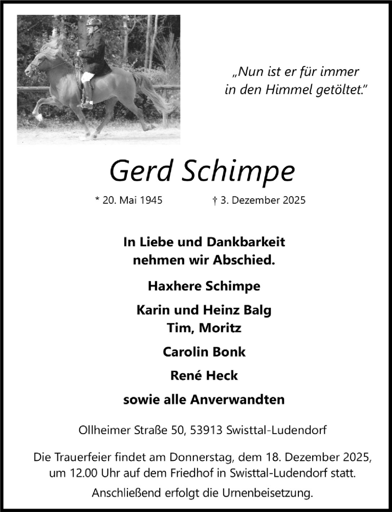  Traueranzeige für Gerd Schimpe vom 12.12.2025 aus  Schaufenster/Blickpunkt 