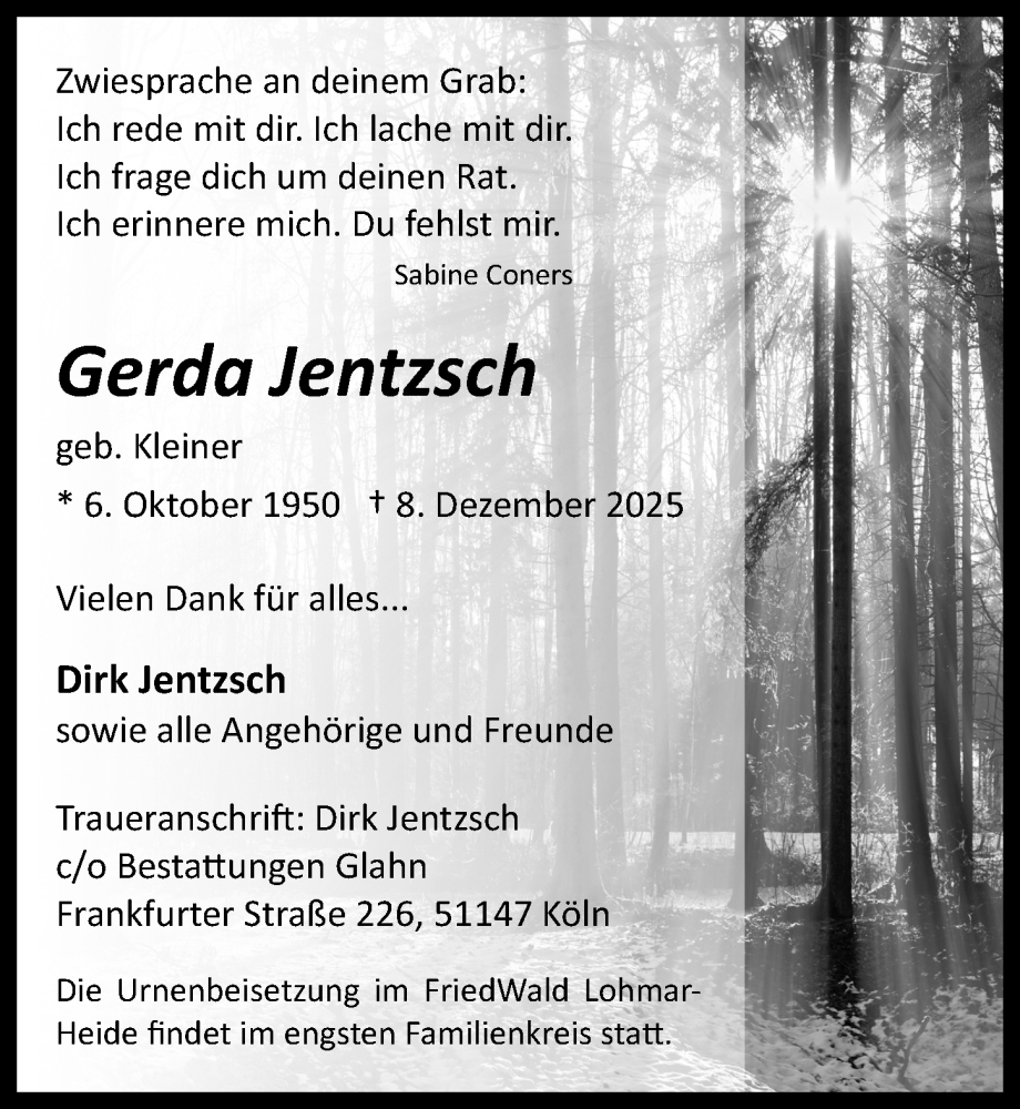  Traueranzeige für Gerda Jentzsch vom 19.12.2025 aus  Bergisches Handelsblatt  EXPRESS - Die Woche 