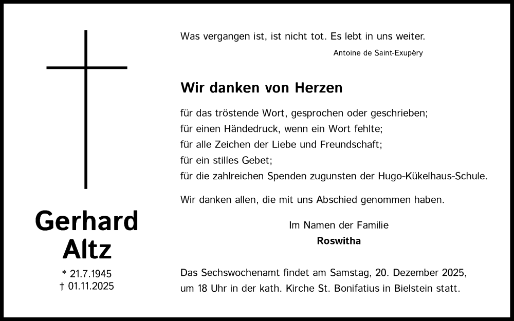  Traueranzeige für Gerhard Altz vom 13.12.2025 aus Kölner Stadt-Anzeiger / Kölnische Rundschau / Express