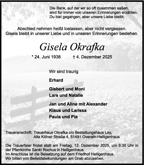 Anzeige von Gisela Okrafka von Kölner Stadt-Anzeiger / Kölnische Rundschau / Express