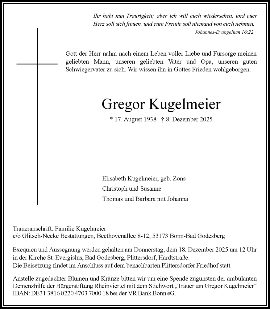  Traueranzeige für Gregor Kugelmeier vom 13.12.2025 aus Kölner Stadt-Anzeiger / Kölnische Rundschau / Express