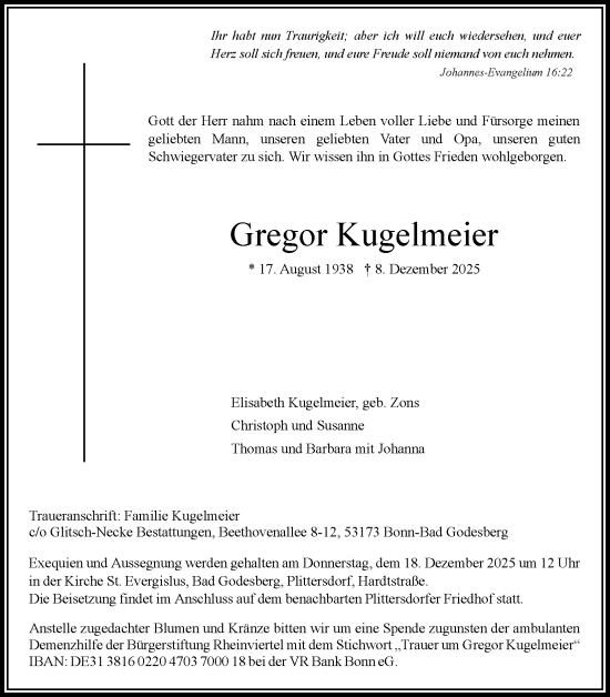 Anzeige von Gregor Kugelmeier von Kölner Stadt-Anzeiger / Kölnische Rundschau / Express